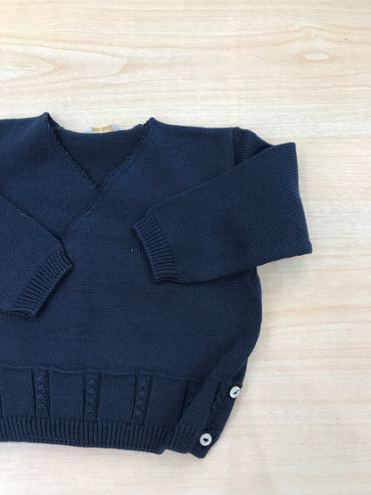 Cardigan Baby Lord in filo blu scuro ad incrocio bucherellato