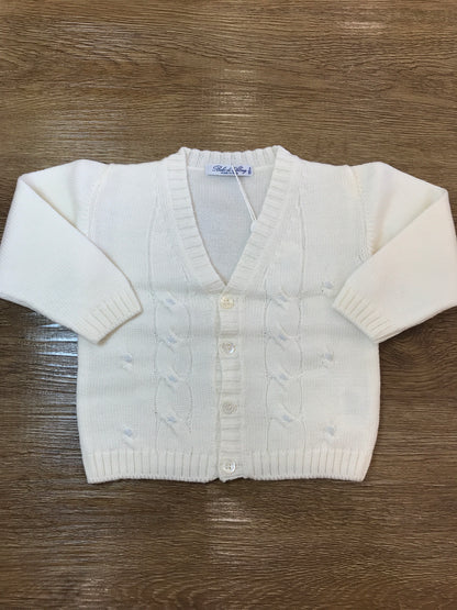 Cardigan Bebè di almy in lana panna con pois in rilievo celesti