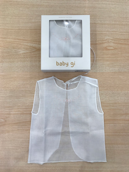 Camicino Baby gi in cotone bianco smanicato con pois e fiocchetto rosa ricamato