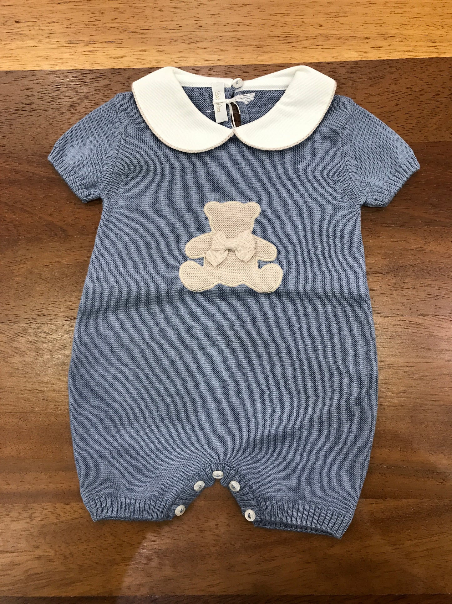 Pagliaccetto Baby Lord in filo avio mezza manica collo tondo bianco con orsetto tortora centrale