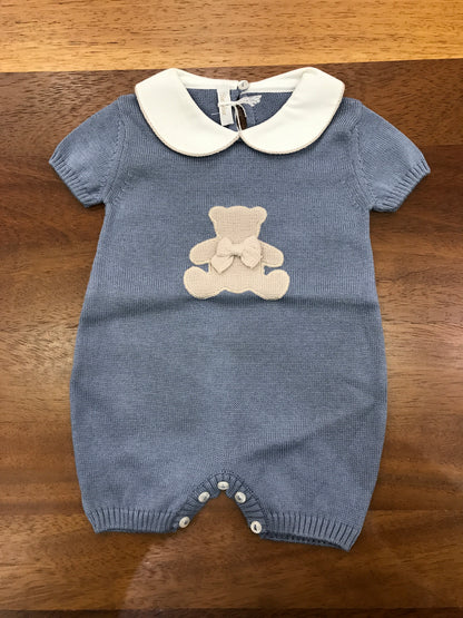 Pagliaccetto Baby Lord in filo avio mezza manica collo tondo bianco con orsetto tortora centrale