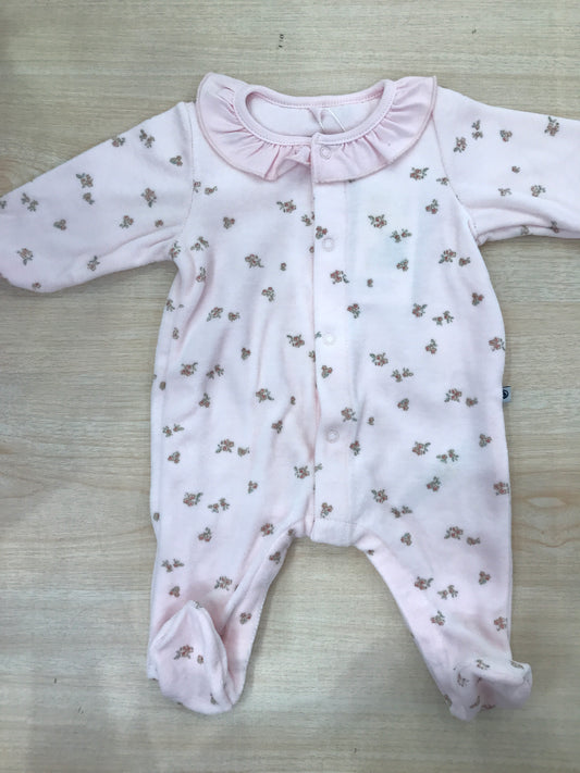 Tutina Petit Bateau in ciniglia intera con rusche sul colletto rosa con fiorellini