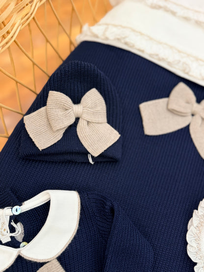 Coordinato Baby Lord a costa inglese in lana blu e tortora con fiocchi