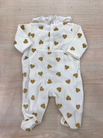 Tutina Petit Bateau in ciniglia panna con piccoli cuori dorati brillantinati con rusche la collo