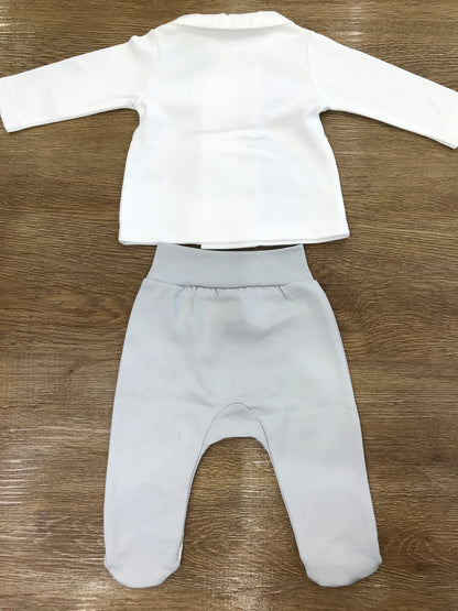 Tutina Laranjinha in cotone due pezzi bianco e grigio con piccole stelline ricamate