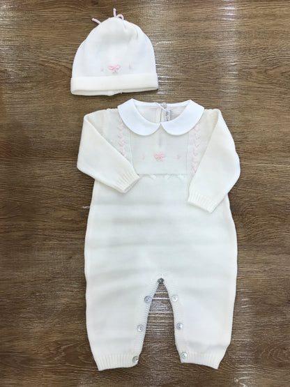 Tutina Baby Lord in lana panna con fiocchetto rosa ricamato