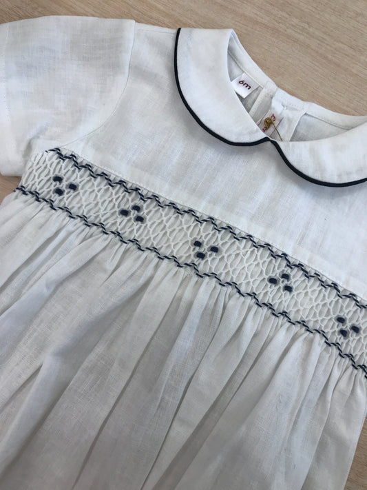 Pagliaccetto Les Enfants de Gisele in lino mezza manica a sbuffo con corpetto rifinito da punto smock