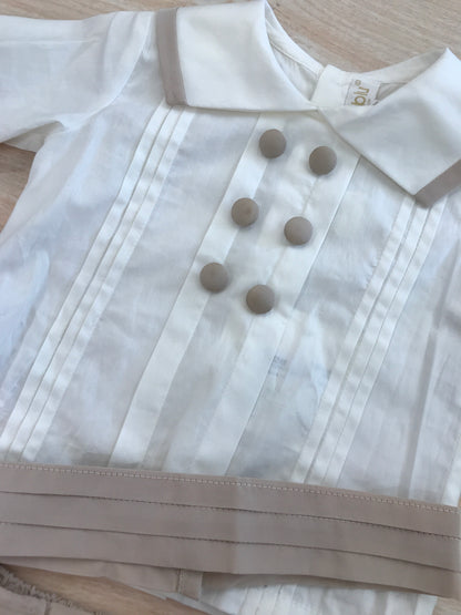 Completo Cielo Blu camicia manica lunga panna con rifiniture tortora con pantalone a sbuffo e fascia con pieghe