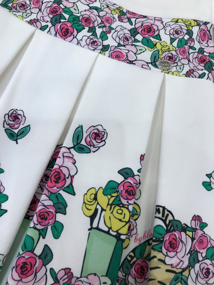 Abito Byblos in cotone con fantasia a fiori smanicato con rusche con zip sul retro