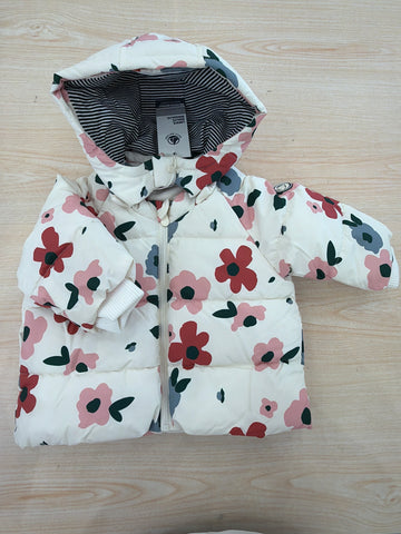 Giubbotto Petit Bateau panna con fiori colorati con cappuccio zip e tasche laterali