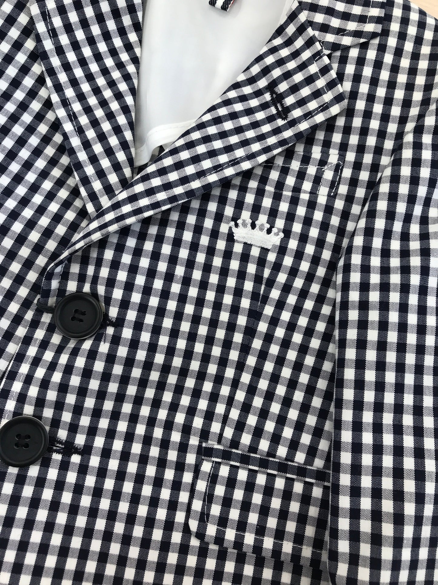 Giacca Sweet Baron a quadretti blu scuro e bianco con tasche sul davanti