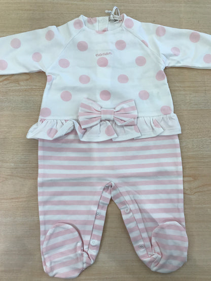 Tutina Nanan in cotone manica lunga con piedini con pois e righe rosa con rusche e fiocchetto