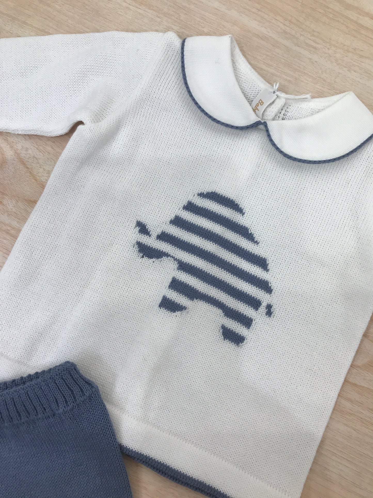 Tutina Baby Lord in filo due pezzi bianco e avio con elefante a righe sul davanti