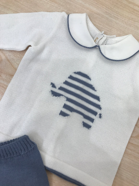 Tutina Baby Lord in filo due pezzi bianco e avio con elefante a righe sul davanti