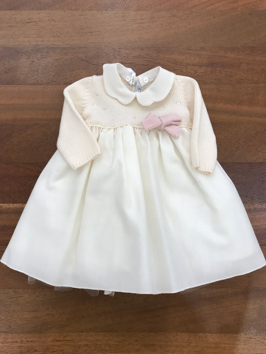 Abitino Colibrì con manica lunga corpetto in lana con fiocco rosa laterale, con gonna in raso e fiocco sul retro