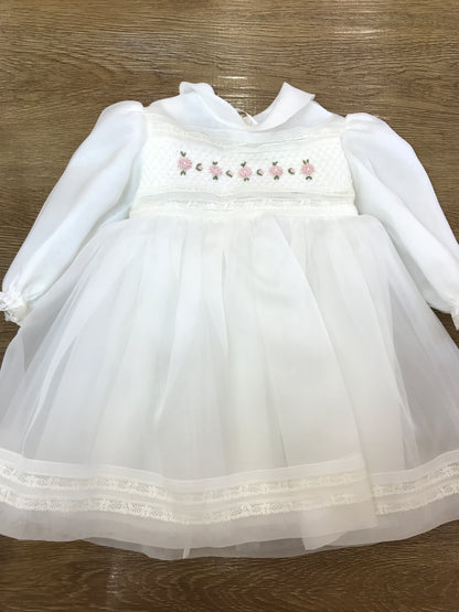 Abito Piccola Giuggiola in organza in seta panna manica lunga gonna con applicazione di valancienne corpetto lavorato con piccoli fiori e valancienne