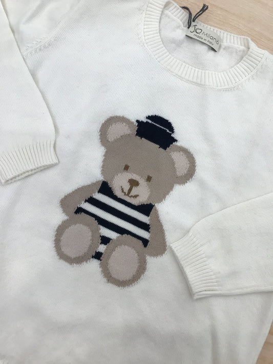 Maglione Jo Milano in filo manica lunga panna con orsetto marinaretto centrale
