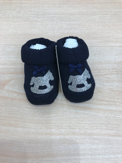 Babbucce Ivory blu scuro in filo con cavallo a dondolo con brillantini e fiocchetto