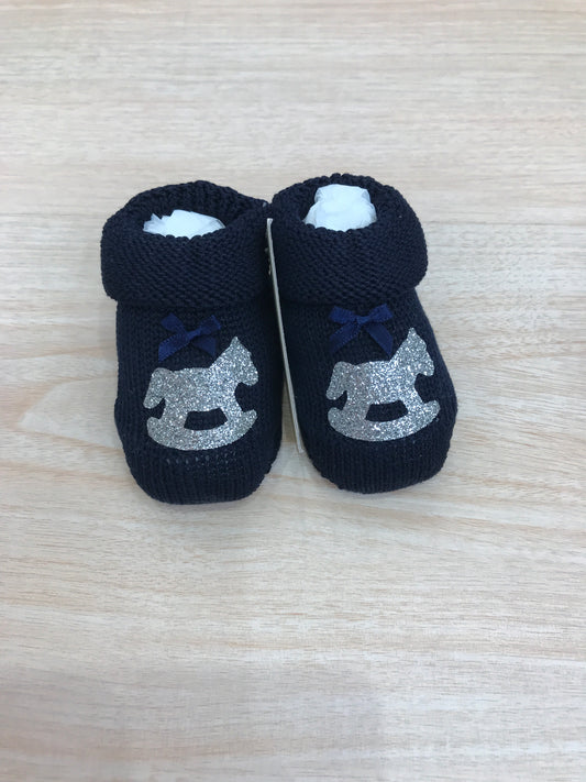 Babbucce Ivory blu scuro in filo con cavallo a dondolo con brillantini e fiocchetto
