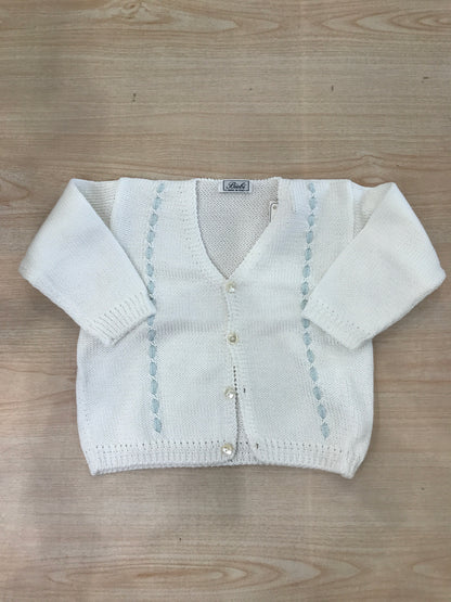 Cardigan Biebi in filo bianco manica lunga con passanastro celeste chiaro