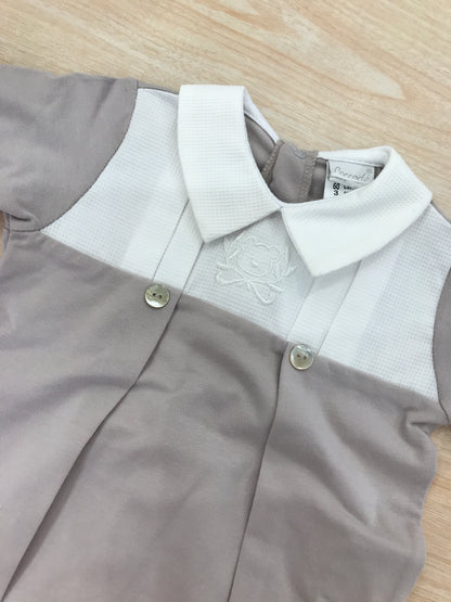 Tutina Coccodè in cotone tortora manica lunga con piedini corpetto in piquet bianco