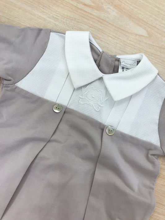 Tutina Coccodè in cotone tortora manica lunga con piedini corpetto in piquet bianco