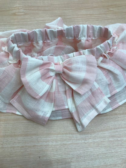 Culotte Fofettes in lino a righe bianche e rosa con rusche e fiocco sul retro