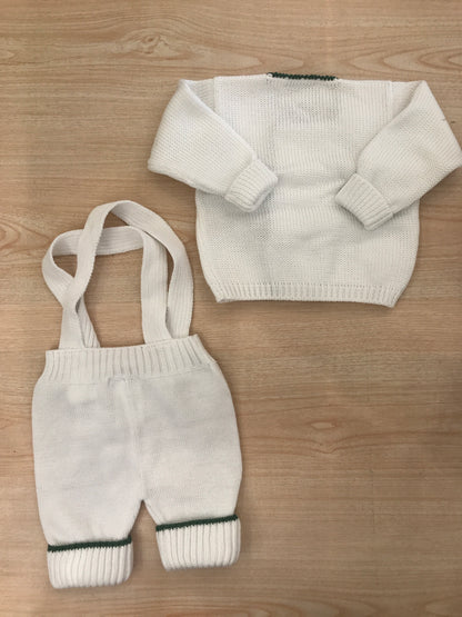 Completo Colibrì in filo di cotone salopette con profilo verde con cardigan doppio petto con profilo verde