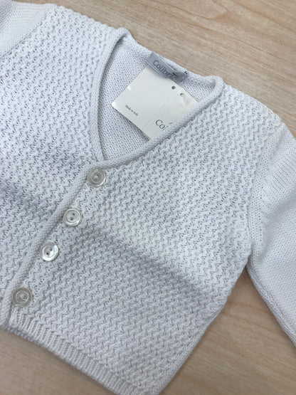 Cardigan Colibrì in filo bianco con bottoncini completamente lavorato