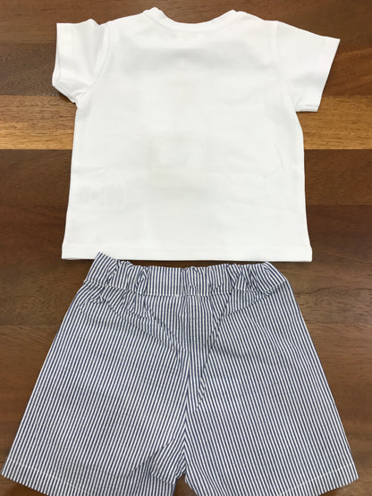 Completo Nanan T-shirt bianca con ciliegie in oro brillantinate con pantalone corto a righe bianche e blu