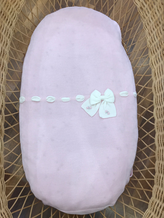 Coperta Baby Lord in lana rosa con passanastro panna e fiocco con roselline ricamate