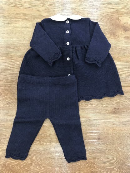Tutina Baby Lord in lana due pezzi blu scuro con lavorazione di punto smock sul corpetto