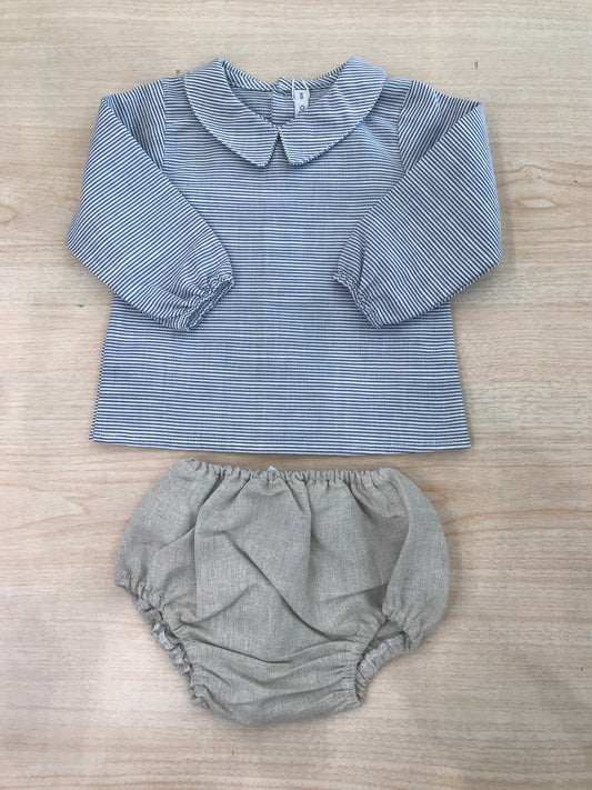Completo Paloma De La O  in cotone camicia manica lunga con bottoncini sul retro a righe bianche e blu con culotte tortora