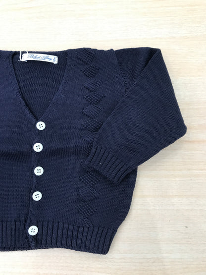 Cardigan Bebè di Almy in filo blu scuro con ricami e bottoncini