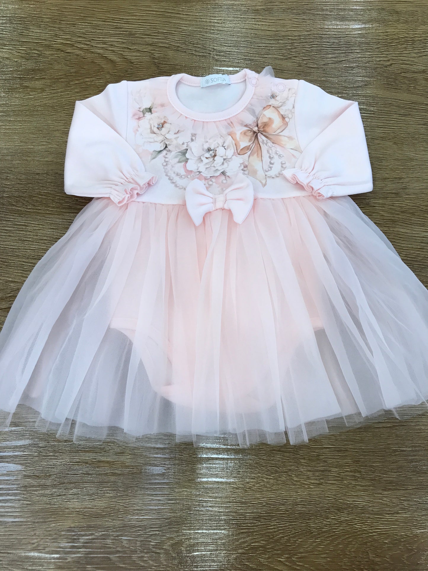 Abito Sofija in caldo cotone manica lunga con fiori e tulle rosa