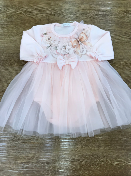 Abito Sofija in caldo cotone manica lunga con fiori e tulle rosa