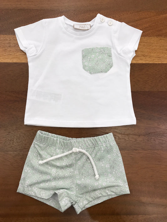 T-shirt e Costume Paz Rodriguez in cotone mezza manica con taschina verde laterale verde a fiori  costume verde con fiorellini bianchi