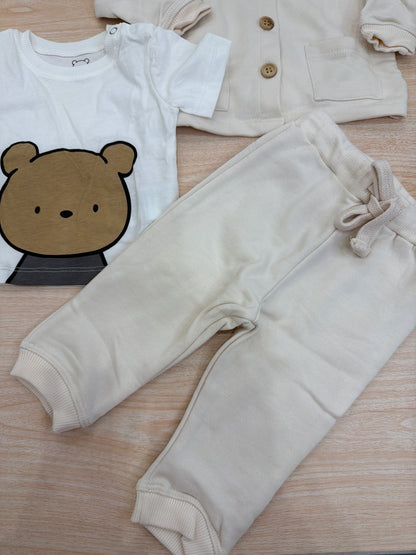 Tuta AVentiQuattrore in cotone beige tre pezzi t-shirt felpina e pantalone lungo con sacca abbinata decorato da orsetti