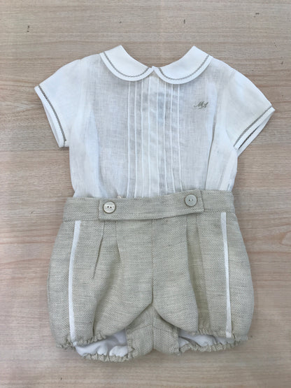 Completo Martin Aranda camicia mezza manica in lino con pieghe e pantalone corto tortora