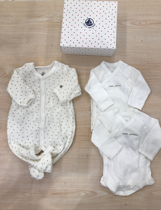 Set Petit Bateau in ciniglia bianco tutina con piccoli cuoricini grigi e due body antipanico manica lunga