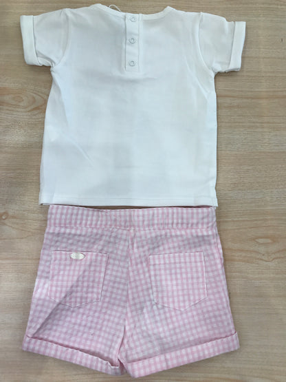 Completo Coccodè in cotone t-shirt mezza manica con decori con pantalone corto a quadretti rosa e bianchi