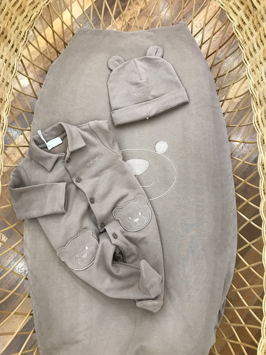 Coordinato nascita Nanan neonato in caldo cotone marrone coperta smerlata con orsetto centrale cappellino con orecchie  tutina con orsetti