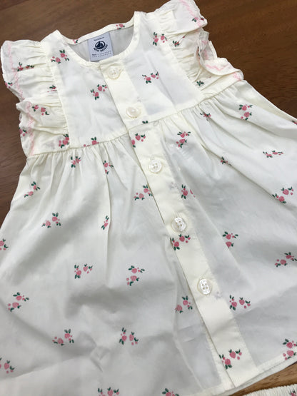 Completino Petit Bateau in cotone panna con fiori rosa con culotte