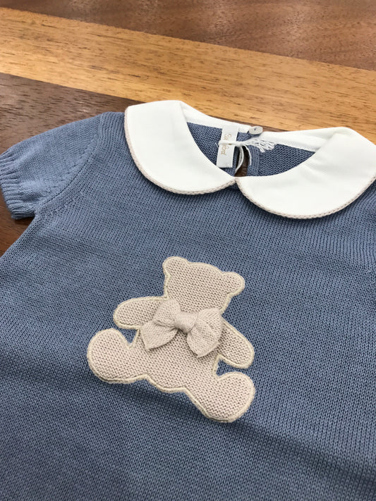 Pagliaccetto Baby Lord in filo avio mezza manica collo tondo bianco con orsetto tortora centrale