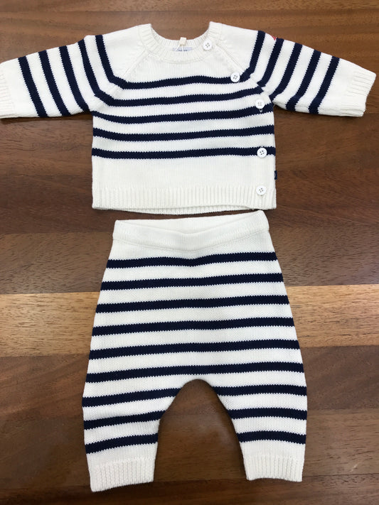 Completino Petit Bateau in lana panna a righe blu scuro con bottoncini laterali