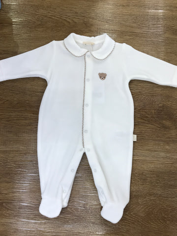 Tutina Baby Gi in ciniglia intera panna rifinita tortora con orsetto ricamato