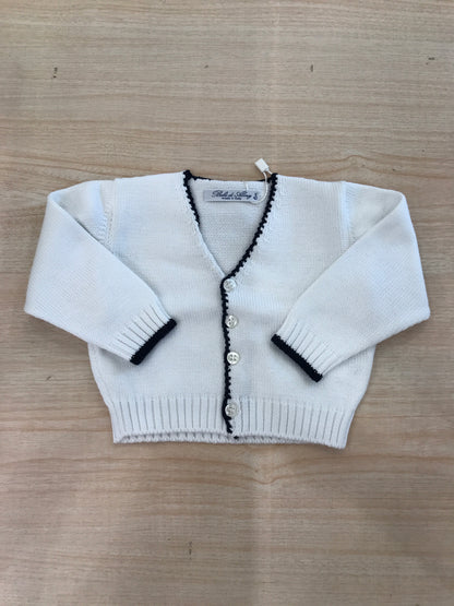 Cardigan Bebè di Almy in filo bianco con rifiniture blu scuro
