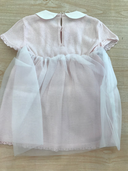 Abito Baby Lord in filo rosa mezza manica con strato in tulle e lavorazione di punto smock