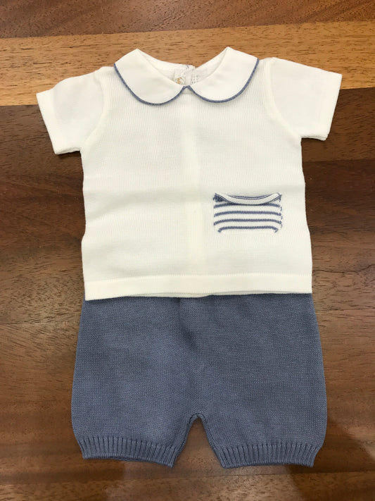 Completo Baby Lord in filo bianco e avio mezza manica collo tondo bianco con tasca a righe laterale pantalone corto avio