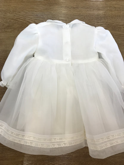 Abito Piccola Giuggiola in organza in seta panna manica lunga gonna con applicazione di valancienne corpetto lavorato con piccoli fiori e valancienne